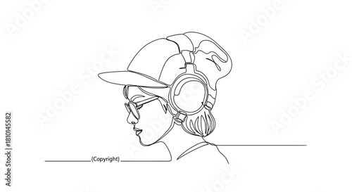 Young person wearing headphones and cap in minimal line art style  