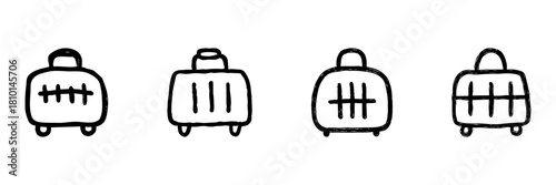 Luggage And Suitcase Line Icon Set In Doodle Style. Travel And Vacation Essentials Outline Sketch Collection. Hand Drawn Isolated Vector Illustration
