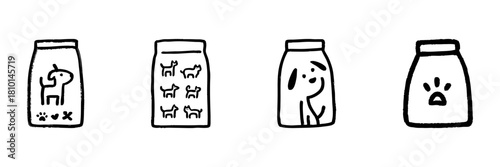 Dog Food Packaging Line Icon Set In Doodle Style. Pet Nutrition, Canine Diet, And Dog Treats Outline Sketch Collection. Hand Drawn Isolated Vector Illustration