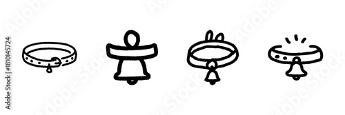 Pet Collar With Bell Line Icon Set In Doodle Style. Animal Identification, Safety, And Accessory Design Outline Sketch Collection. Hand Drawn Isolated Vector Illustration