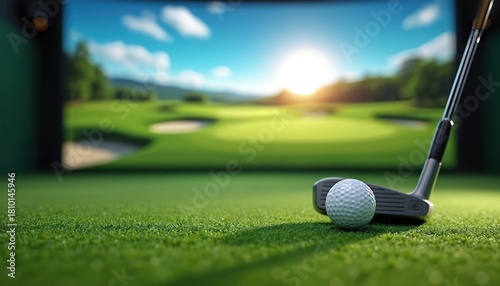 Golf club and ball on artificial grass by large screen showing course. Virtual golf simulator offers realistic play indoors, year round training and fun.