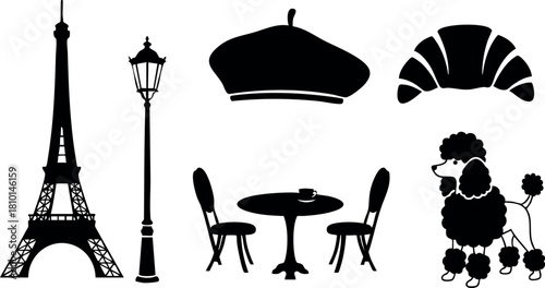 Eiffel Tower Paris street lamp beret croissant cafe table chairs poodle dog silhouette vector illustration