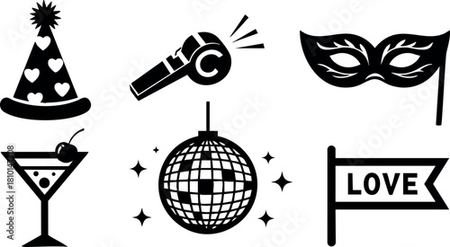Party celebration icons with disco ball cocktail mask love flag and flashlight vector illustration