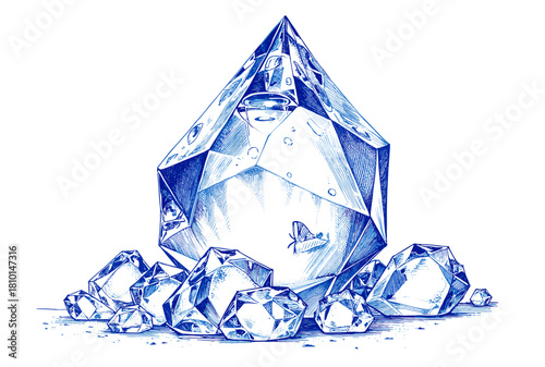 Vintage sketch of blue ink ice crystal with gemstones  
