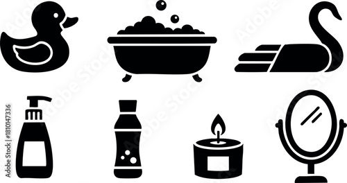 Bathroom accessories and swan duck bath icons collection vector illustration set