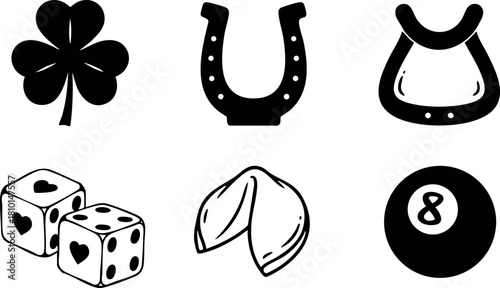 Lucky symbols clover horseshoe dice fortune cookie billiard ball vector illustration