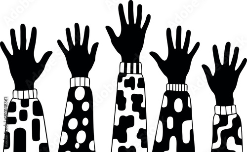 Raised hands in patterned sleeves five silhouettes vector illustration diversity community unity cooperation teamwork
