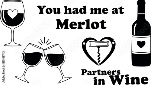 Merlot wine bottle glass partners love romantic toast vector illustration