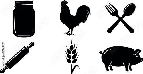 Kitchen cooking icons set with jar rooster fork spoon rolling pin wheat and pig silhouette vector illustration
