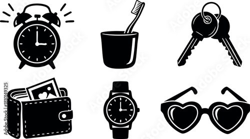 Black and white vector icons of alarm clock toothbrush keys wallet watch and heart sunglasses
