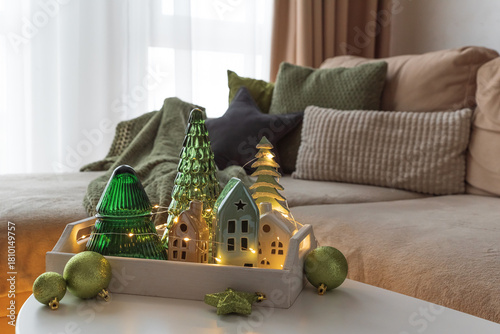 Cozy Chistmas Holiday Living Room with Festive Tray and Ornaments