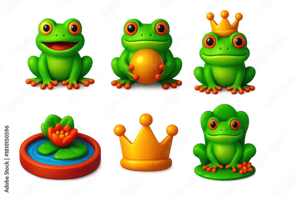 Fototapeta premium Frog Fairy Tale Icons. 3D icon set of fairy tale frogs: talking frog, golden ball frog, frog prince, enchanted pond, magic crown,