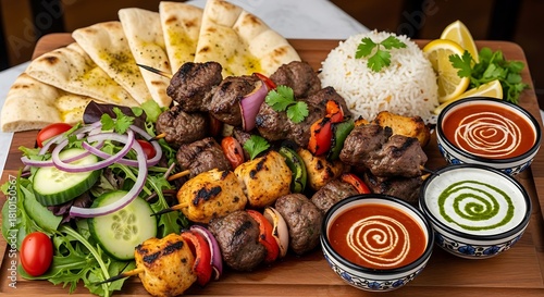 Delicious mixed grill platter with kebabs rice and salad