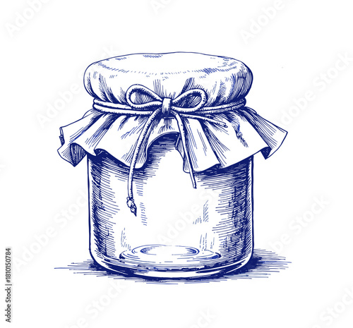 Vintage sketch of a jar with a ribbon and fabric lid concept of Jam jar  