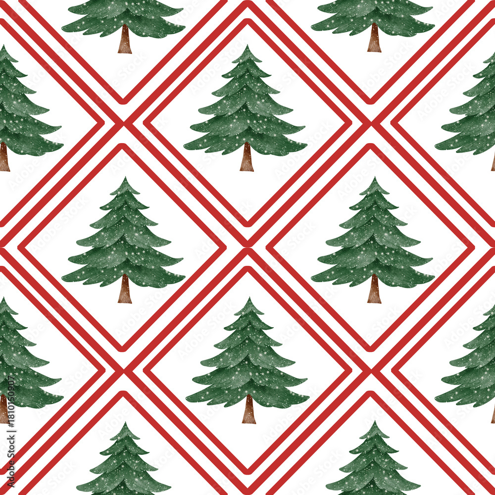 Fototapeta premium Seamless pattern with hand-painted Christmas trees framed by red geometric lines. Watercolor style, soft and festive. Perfect for wrapping paper, textiles and holiday decor.