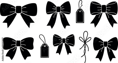 Black bow ribbon silhouette vector set with gift tags different shapes styles and loops