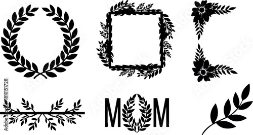 Floral wreaths and frames decorative vector elements for design and mom lettering illustration black silhouette