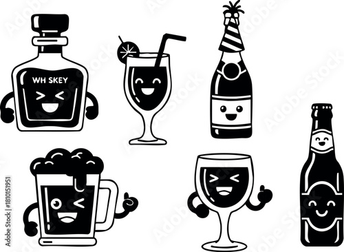 Cartoon style black and white happy alcoholic drinks bottle glass mug vector illustration