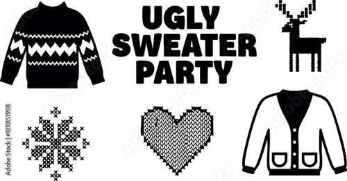 Ugly sweater party design with winter reindeer snowflake heart and cardigan vector illustration
