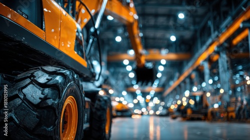 Yellow excavator in a large industrial warehouse, focus on big wheels and bucket, construction machinery concept