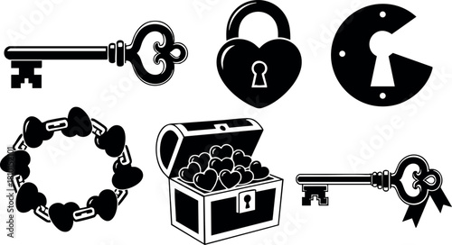 Vintage keys treasure chest lock keyhole chain lockset vector icons design collection