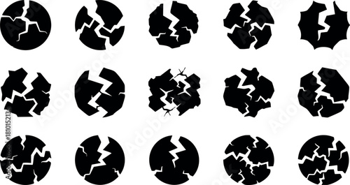 Cracked circle icons set broken cracks in round shapes vector illustration black and white design