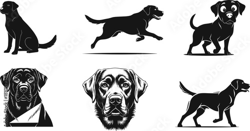 dog, Labrador, silhouette, pet, animal, breed, black, white, sitting, running, standing, cartoon, realistic, front, profile, bandana, tail, expression, illustration, design
