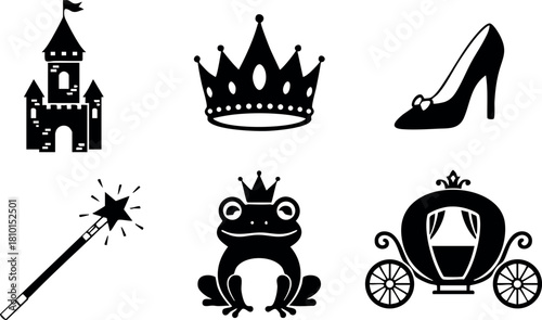 Fairy tale castle crown high heel magic wand frog prince carriage vector illustration