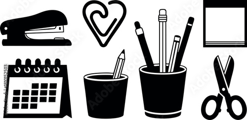 Office supplies set with stapler calendar scissors pencil cup and sticky notes black icons vector illustration