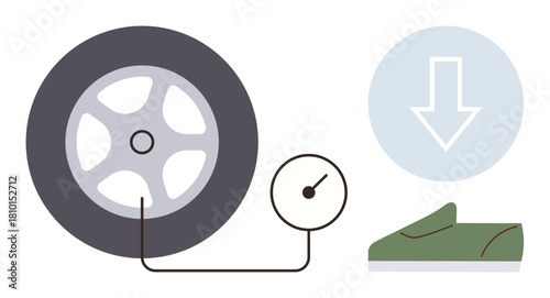 Tire with connected pressure gauge, downward arrow, and pressing foot. Ideal for safety, car maintenance, control, efficiency, automation repair transportation. Simple flat metaphor