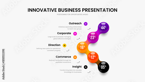 Business Strategy Five Element Chart Slide Layout. Corporate Portfolio 5 Step Diagram Presentation Template. Minimal Briefing Slideshow Design Vector Illustration.