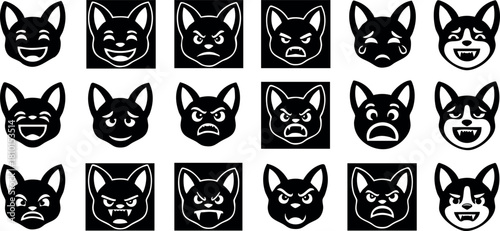Black and white vector set of dog emoji faces with varied emotions and expressions in square and round shapes
