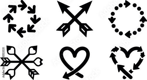 Arrow symbols set circle heart love design vector illustration graphic style black icons collection