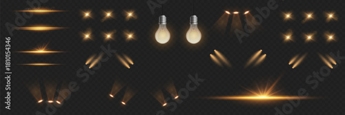 Golden spotlight rays and glowing bulb effects pack