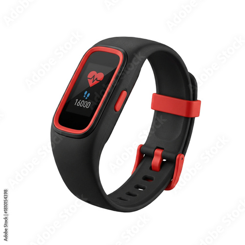 digital activity tracker watch displaying a vibrant interface on a flexible sport strap, wearable tech health graphic for fitness industry and wellness apps, isolated on transparent PNG