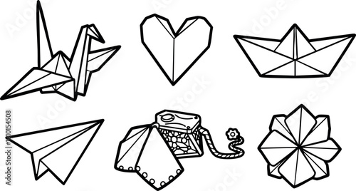 Origami paper figures heart boat flower crane paper plane vector illustration