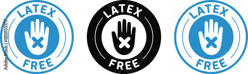 Latex Free Product Icon Set Vector Graphic with Hand Symbol and X Mark in Blue and Black Colors for Medical and Hypoallergenic Packaging