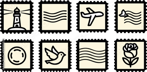 Vintage postal stamps with lighthouse airplane bird rose and waves design vector illustration