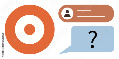 Red target alongside a user profile bubble and a blue question bubble. Ideal for communication, feedback, user goals, problem-solving, customer support, engagement, simple flat metaphor
