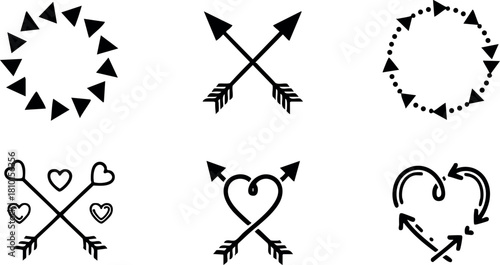 Love arrow heart vector set with arrowheads and circular frames for romantic design decoration