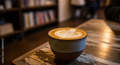 Cozy coffee shop corner with latte art and books