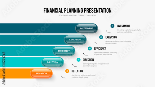 Digital Briefing Five Element Infographic Slide Design. Visual Strategy Frame Layout Vector Illustration. Company Development 5 Option Diagram Presentation Template.