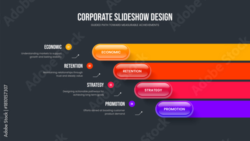Professional Growth 4 Option Diagram Slide Layout. Visual Showcase Slideshow Design Vector Illustration. Project Solution Four Step Infographic Frame Template.