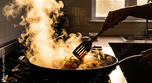 Chef stirring food in a sizzling pan with intense steam