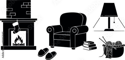 Cozy living room interior with armchair fireplace lamp slippers firewood knitting basket vector illustration