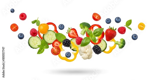 Fresh fruits and vegetables levitating in a dynamic culinary display