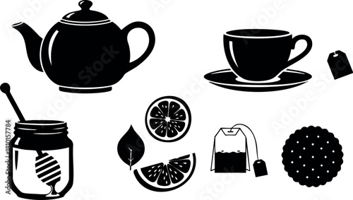 Tea set with teapot cup saucer honey jar lemon slices and biscuit black silhouette vector illustration
