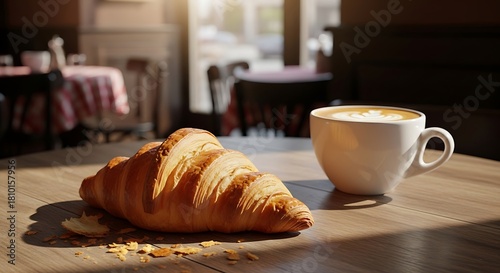 Warm croissant and coffee on a wooden table in sunlight