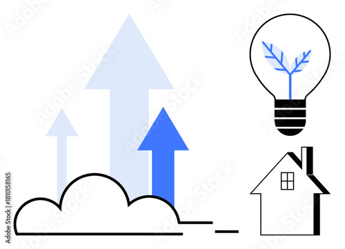 Rising arrows emerge from a cloud alongside an eco-friendly light bulb and a house outline. Ideal for growth, eco-innovation, sustainability, renewable energy, technology, environment, progress