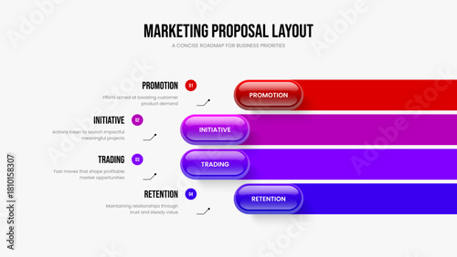 Consulting Report Four Element Infographic Frame Layout. Marketing Development 4 Option Diagram Slideshow Template. Market Growth Presentation Design Vector Illustration.